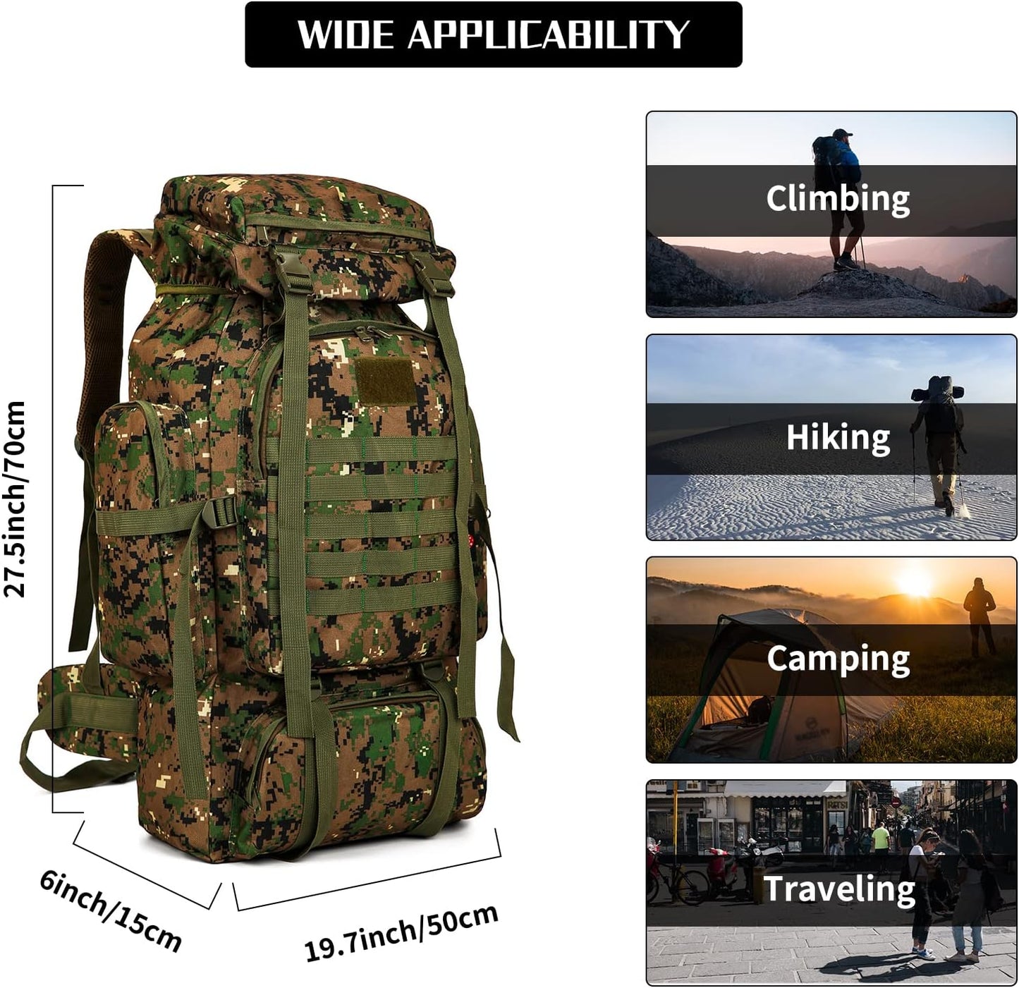  "70L tactical hiking backpack in Jungle camo with MOLLE webbing and reinforced straps for climbing."