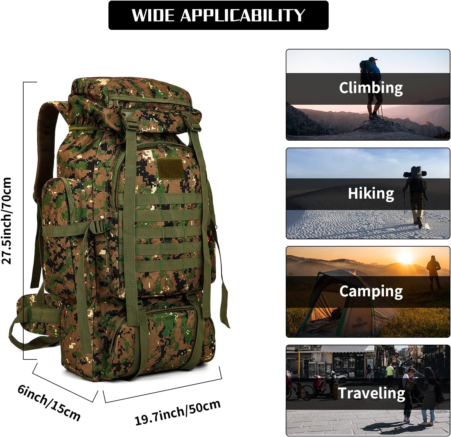  "70L tactical hiking backpack in Jungle camo with MOLLE webbing and reinforced straps for climbing."