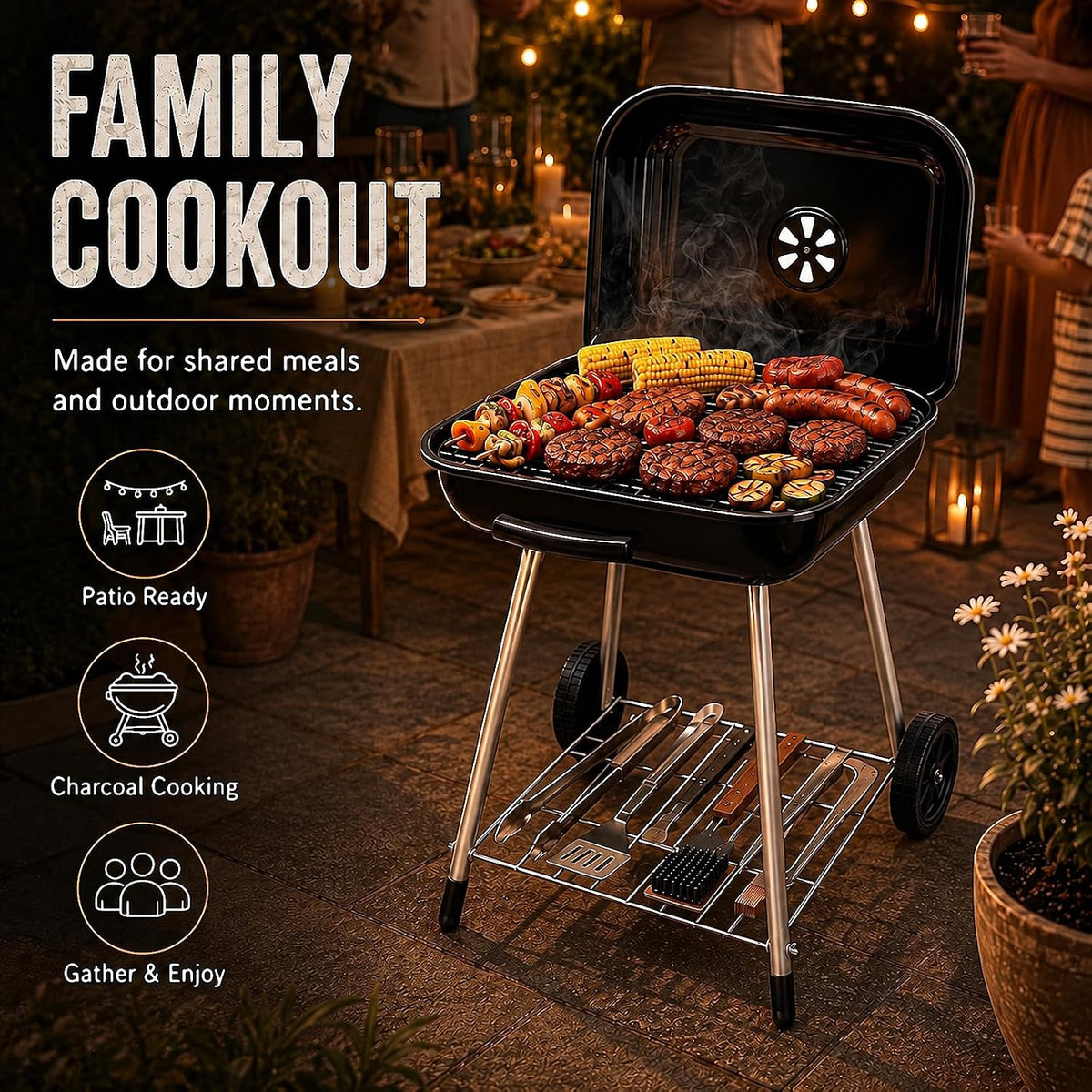 A black charcoal grill with a lid, shown outdoors on a patio at night with food cooking inside. The grill has silver metal legs and a wire lower shelf with tools.