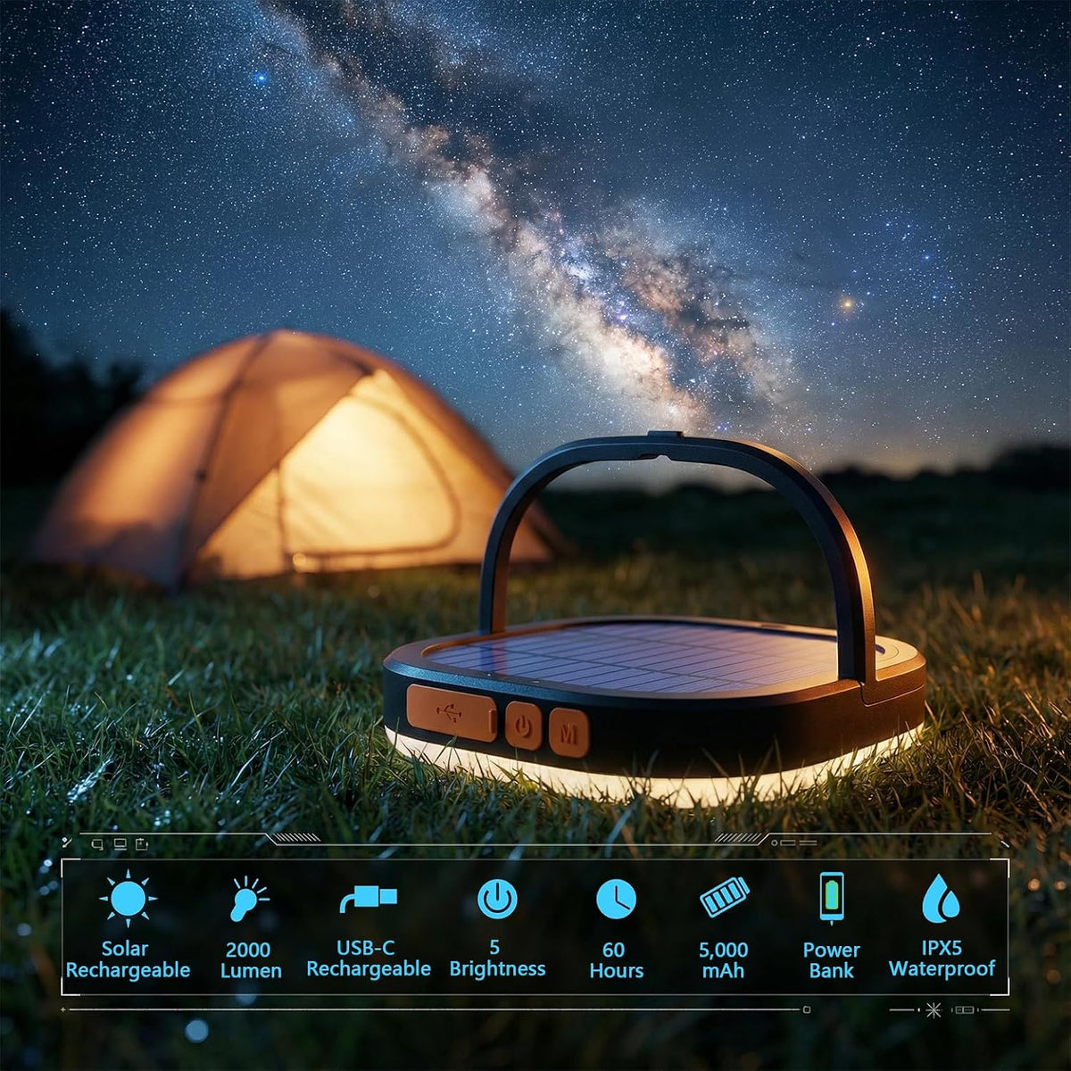 Camping lantern on grass with tent and night sky in the background