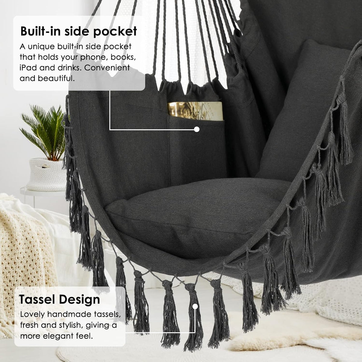 Black hammock chair with tassels and a built-in side pocket on a white background