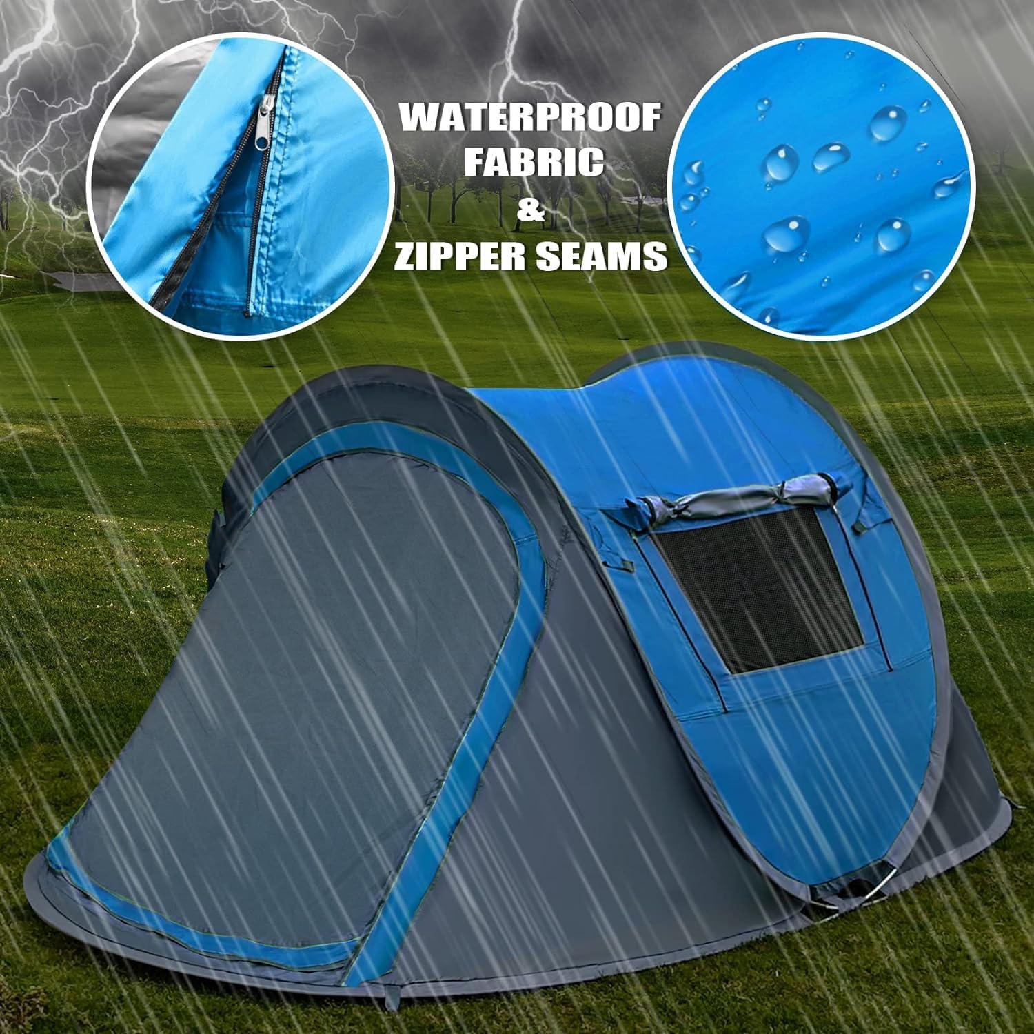 Blue and gray tent with waterproof fabric and zipper seams highlighted, raining in the background.