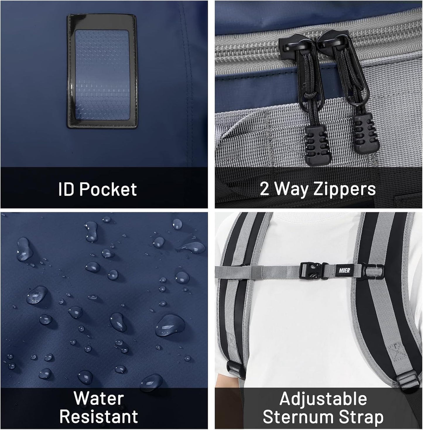 Collage of a backpack's features including an ID pocket, 2-way zippers, water-resistant material, and adjustable sternum strap.