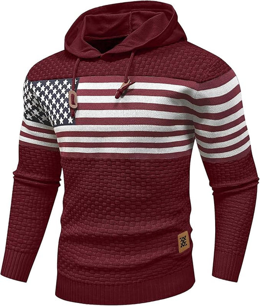 Men's American Flag Knit Hoodie - Patriotic Pullover Biggreenbear.com Big Green Bear