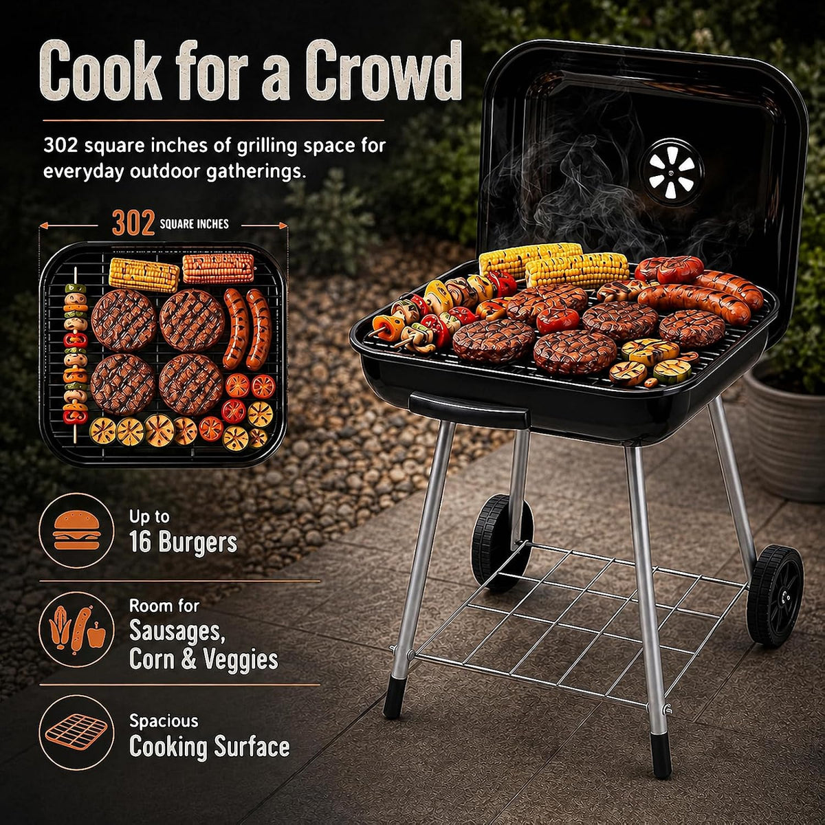 A black outdoor charcoal grill with a lid, shown cooking burgers, sausages, corn, and vegetables on a patio. The image includes marketing text and icons highlighting 302 square inches of grilling space, up to 16 burgers, room for sausages/corn/veggies, and a spacious cooking surface.