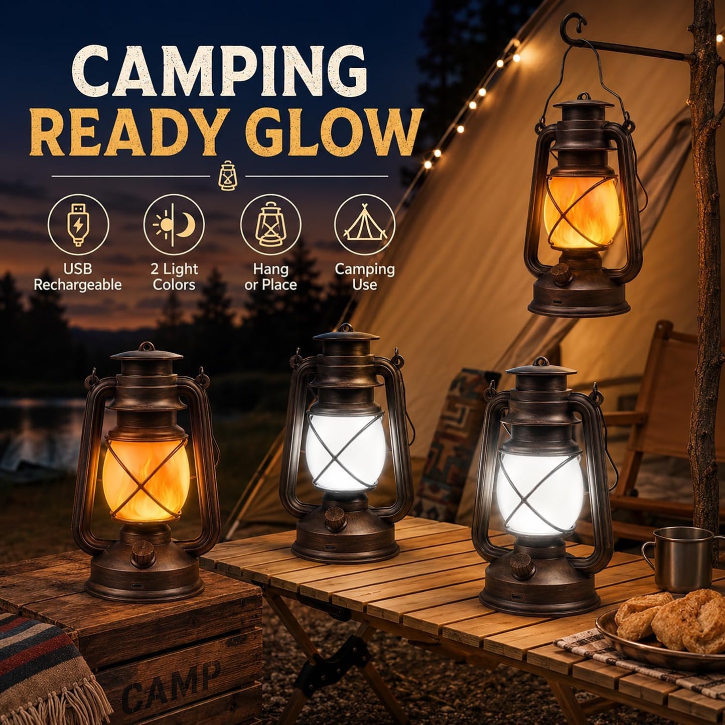 Camping lanterns on a table with a tent and campfire in the background, labeled 'Camping Ready Glow'.