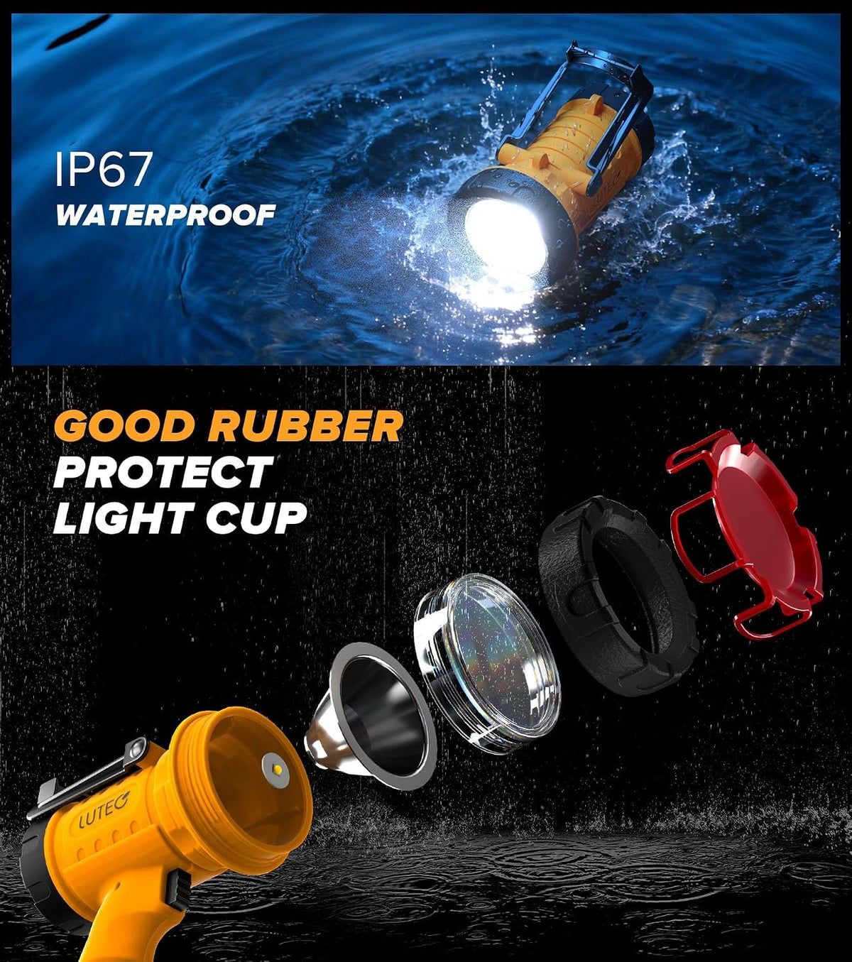 Waterproof flashlight with a yellow body, black and red rubber cup, and clear lens, shown with text reading IP67 Waterproof and Good Rubber Protect Light Cup on a dark water and black background.