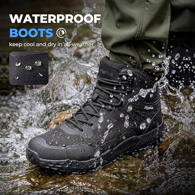 Lightweight tactical boots for men being worn for outdoor hiking and security work