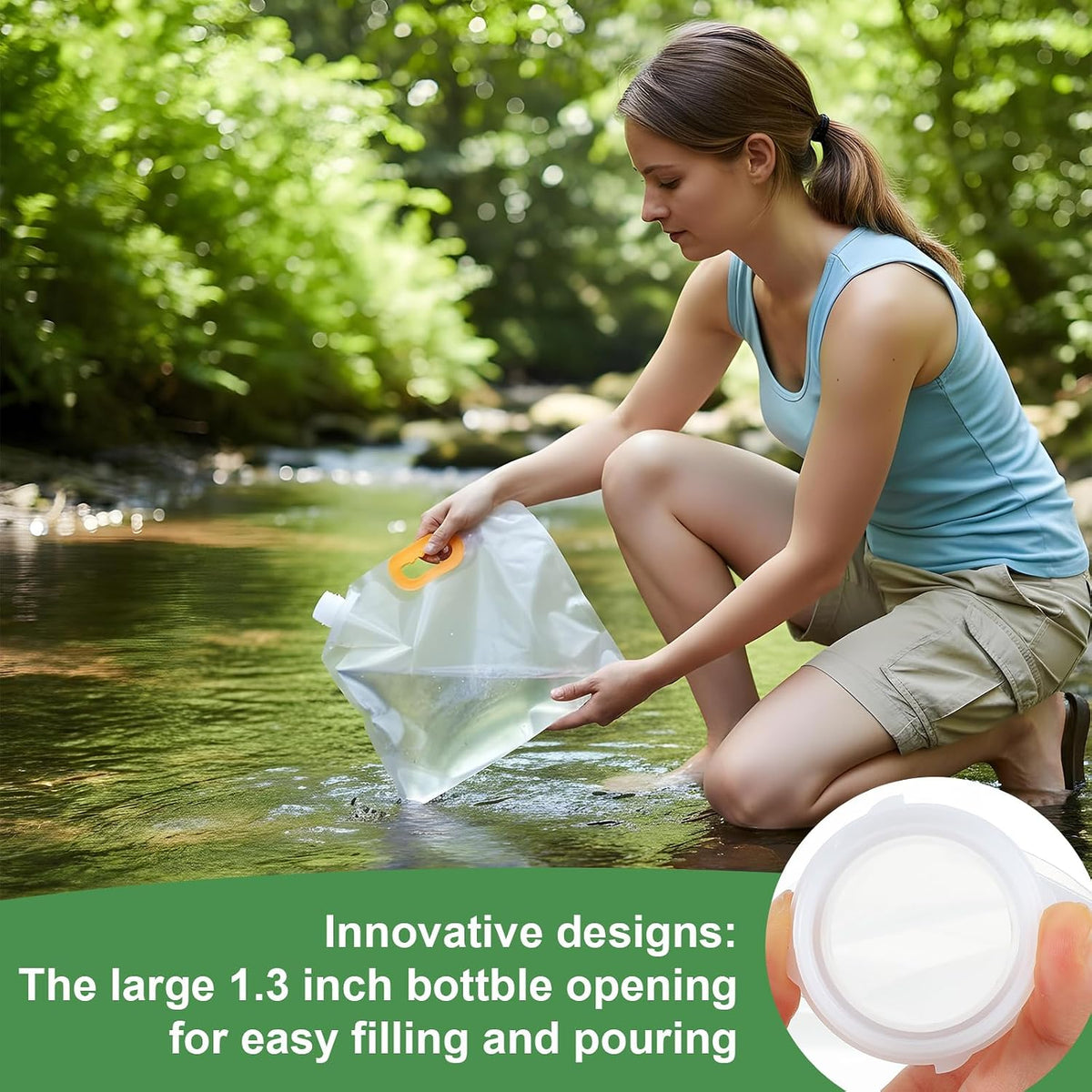 Woman filtering water from a stream with a water filter device, surrounded by greenery.