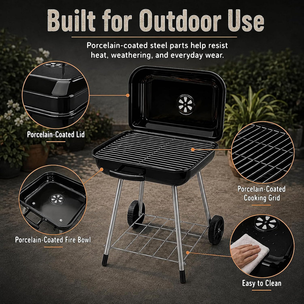 Black mini charcoal grill with porcelain-coated lid, cooking grid, and fire bowl on silver metal legs, shown outdoors with callout circles highlighting durable coated parts and a hand wiping the lid.