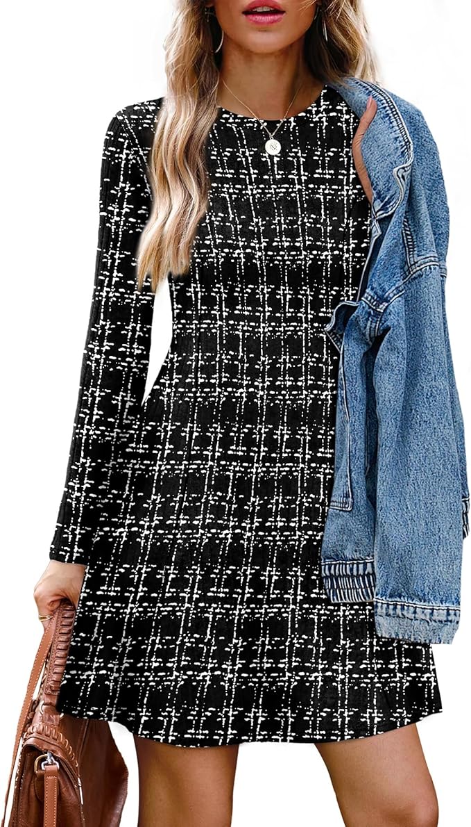 Women's Black Plaid  Long Sleeve Crew Neck Sweater Dress -  BigGreenBear.com clothing 24.50 USD Big Green Bear