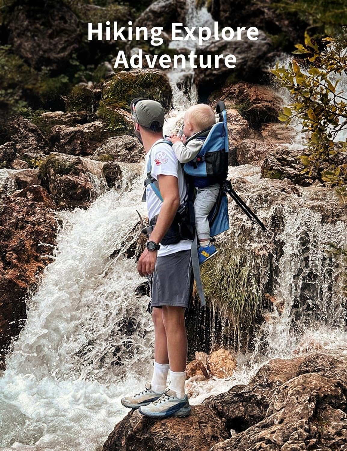 Man hiking with a child in a carrier near a waterfall with 'Hiking Explore Adventure' text overlay.