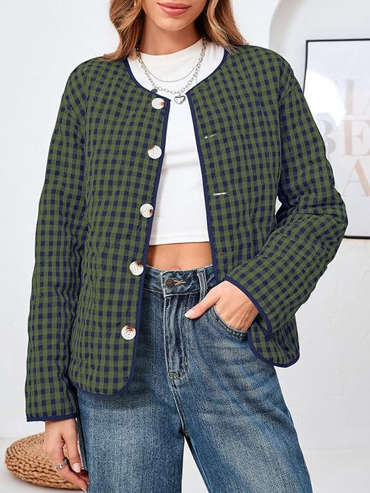 Reversible Womens Plaid Quilted Jacket & Button Down Puffer Padded Coat -  BigGreenBear.com clothing 39.00 USD Big Green Bear