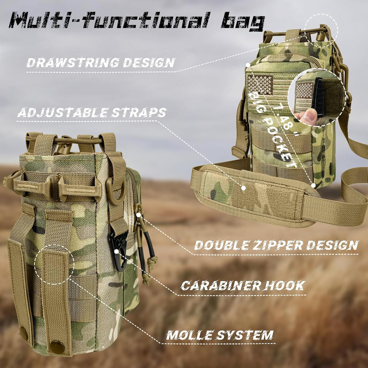 A camouflage tactical-style bag shown from multiple angles with overlaid callouts and text describing features such as drawstring design, adjustable straps, double zipper, carabiner hook, and molle system.