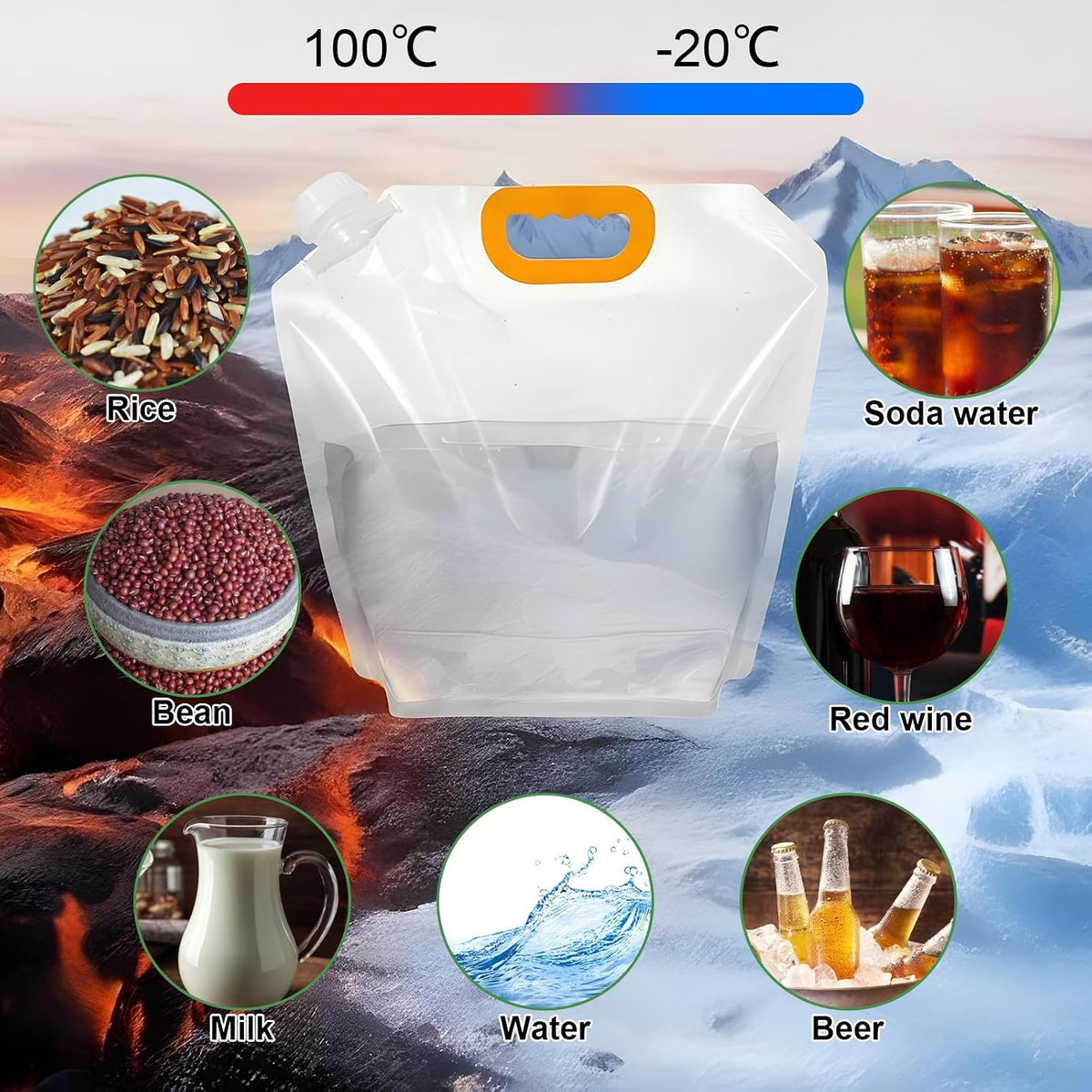 Thermos bag with temperature display on a background of hot and cold elements, showing its use for various foods and drinks.