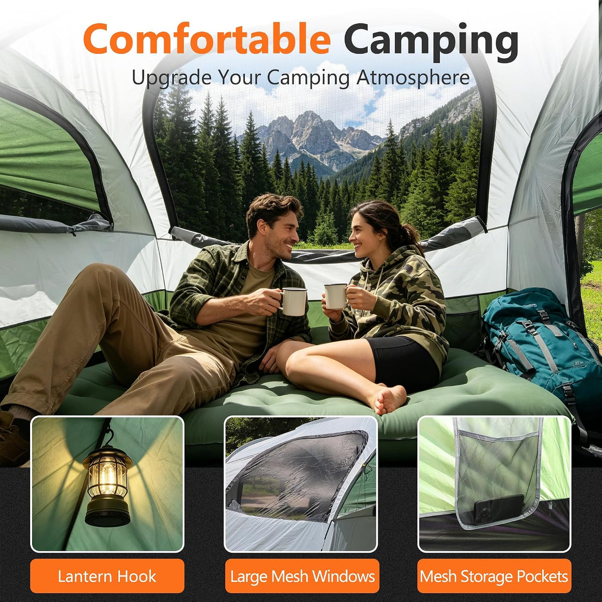 An inflatable camping tent interior with two people sitting on a green sleeping pad and holding mugs, with a mountain-and-forest view outside. The top text reads 'Comfortable Camping' and there are three inset feature panels labeled 'Lantern Hook,' 'Large Mesh Windows,' and 'Mesh Storage Pockets.