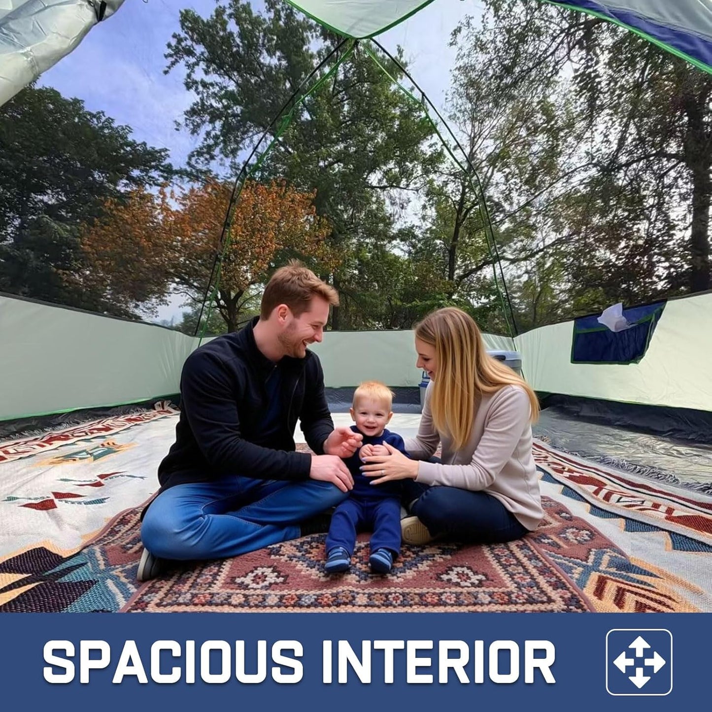 Family sitting inside a tent with trees in the background, text 'Spacious Interior' at the bottom.