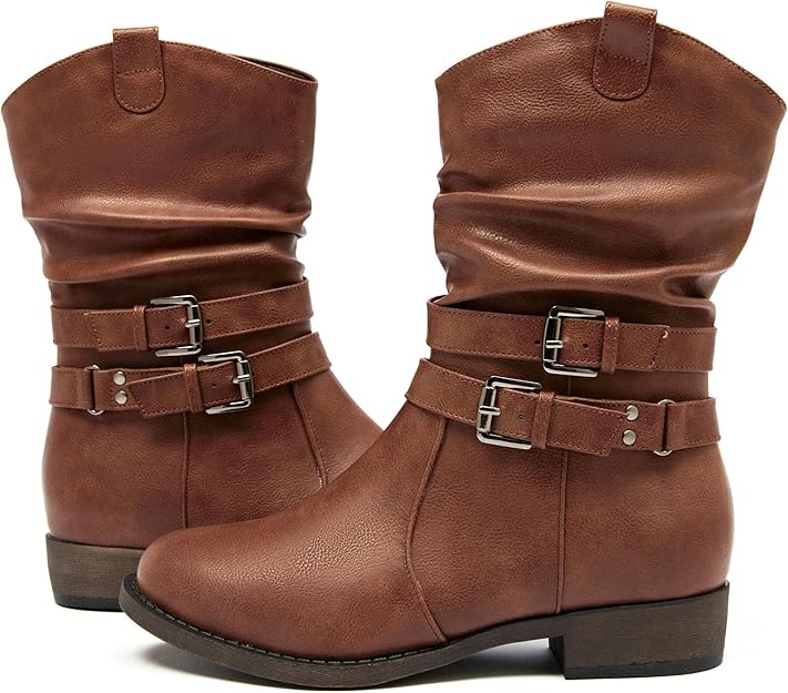 Women's Mid-Calf Cowboy Cowgirl Boots with Low Chunky Heel, Side Zipper -  BigGreenBear.com boots 59.99 USD Big Green Bear