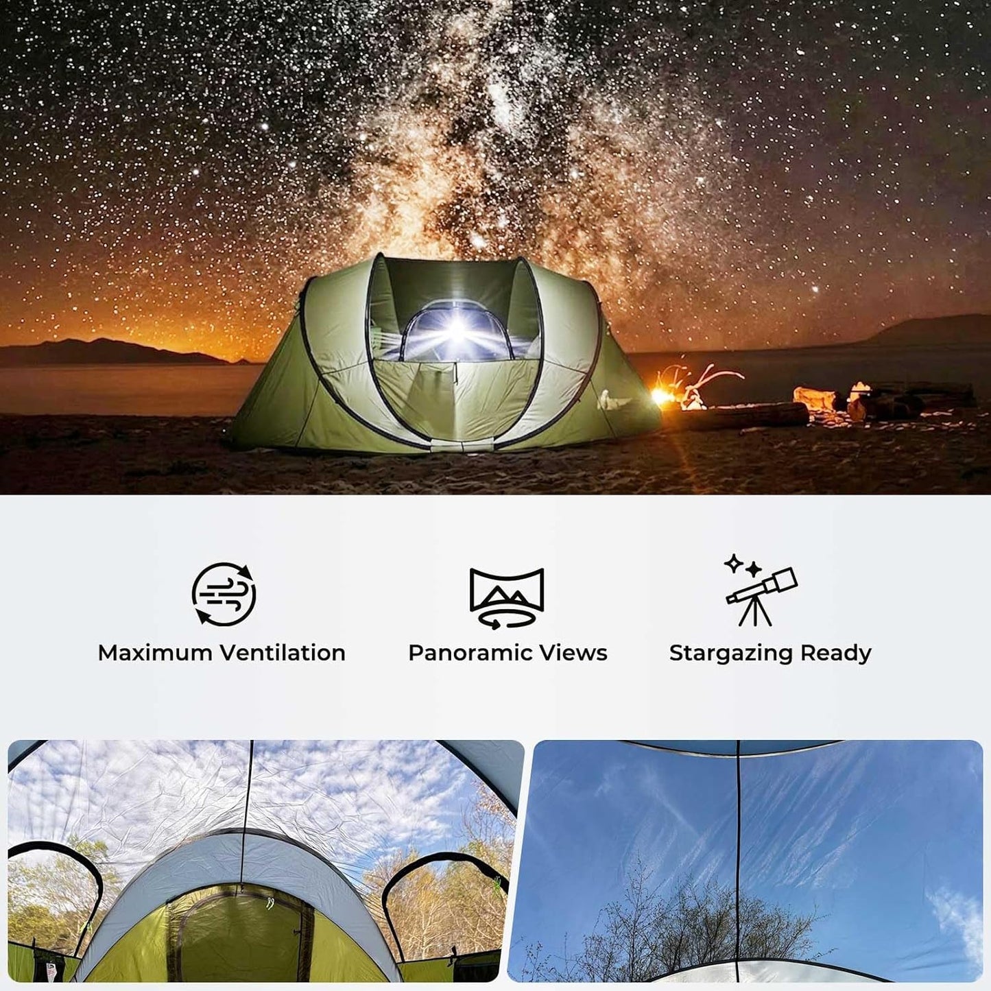 Green tent under a starry sky with features highlighted below.