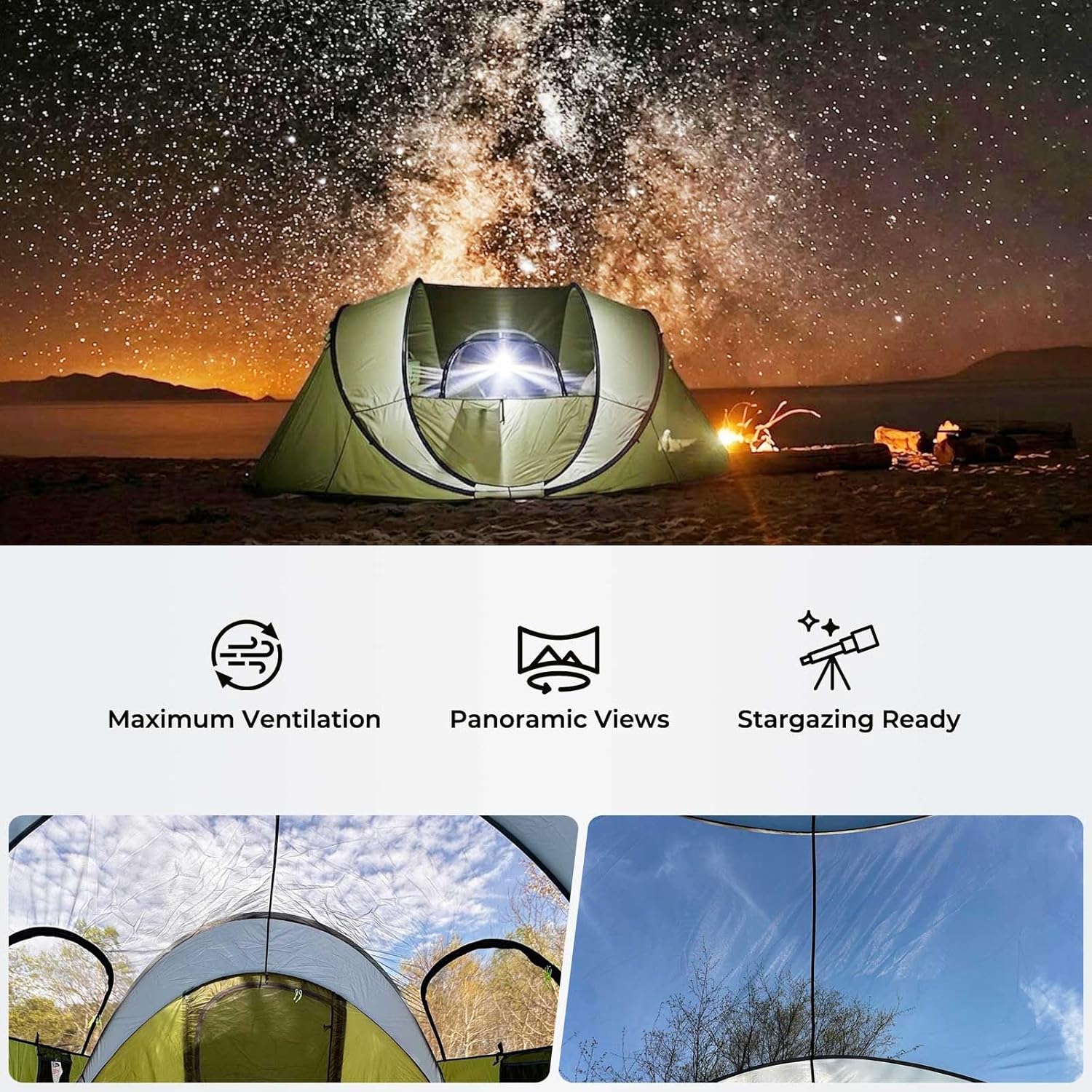 Green tent under a starry sky with features highlighted below.