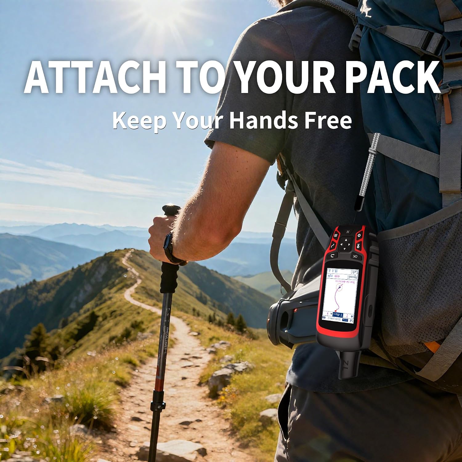 Person hiking with a backpack and device attached, scenic mountain background