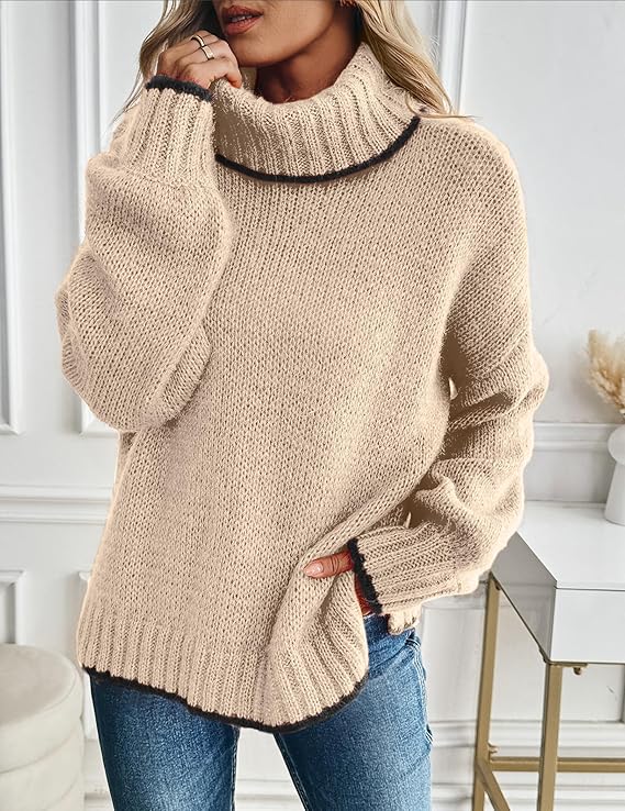Turtleneck Sweater for Women Long Sleeve Oversized Light Khaki -  BigGreenBear.com clothing 24.50 USD Big Green Bear