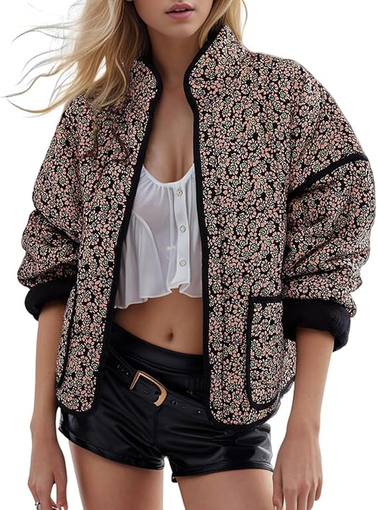 Women's Cropped Puffer Quilted Jacket Vintage Green Floral Print -  BigGreenBear.com clothing 45.00 USD Big Green Bear