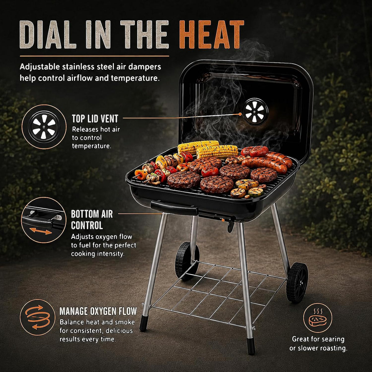 Black charcoal grill with stainless steel legs and wheels, shown outdoors with food cooking on the grate. The image includes marketing text and callout icons explaining top lid vent, bottom air control, and oxygen flow adjustment.