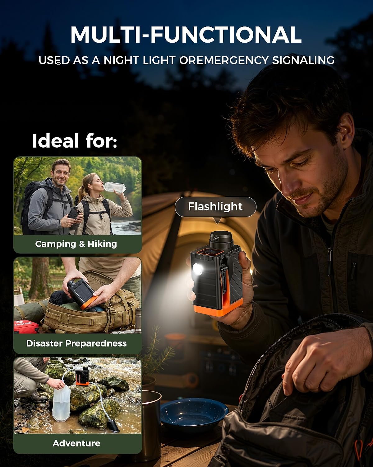 A man at night holds a compact multi-functional flashlight with an orange accent. The image includes text reading 'MULTI-FUNCTIONAL USED AS A NIGHT LIGHT OR EMERGENCY SIGNALING' and three inset lifestyle photos labeled Camping & Hiking, Disaster Preparedness, and Adventure.