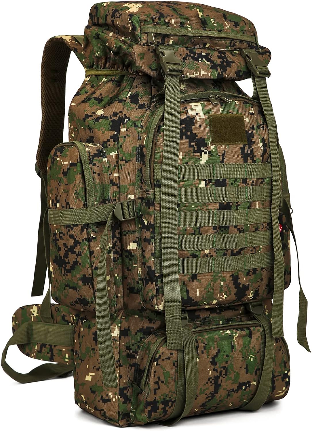 "70L tactical hiking backpack in Jungle camo with MOLLE webbing and reinforced straps for climbing."