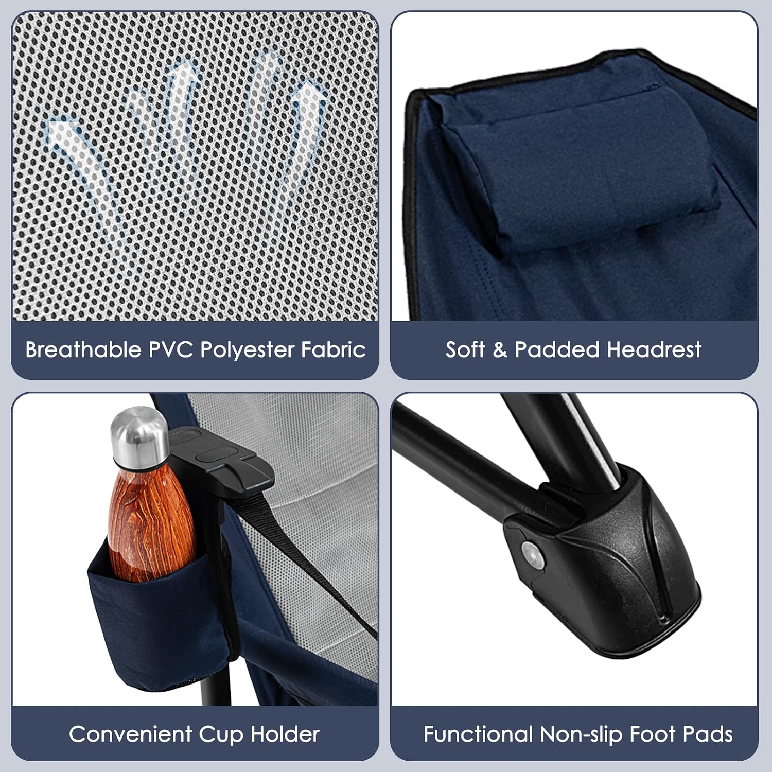 Collage of features including breathable fabric, soft headrest, cup holder, and non-slip foot pads on a chair.