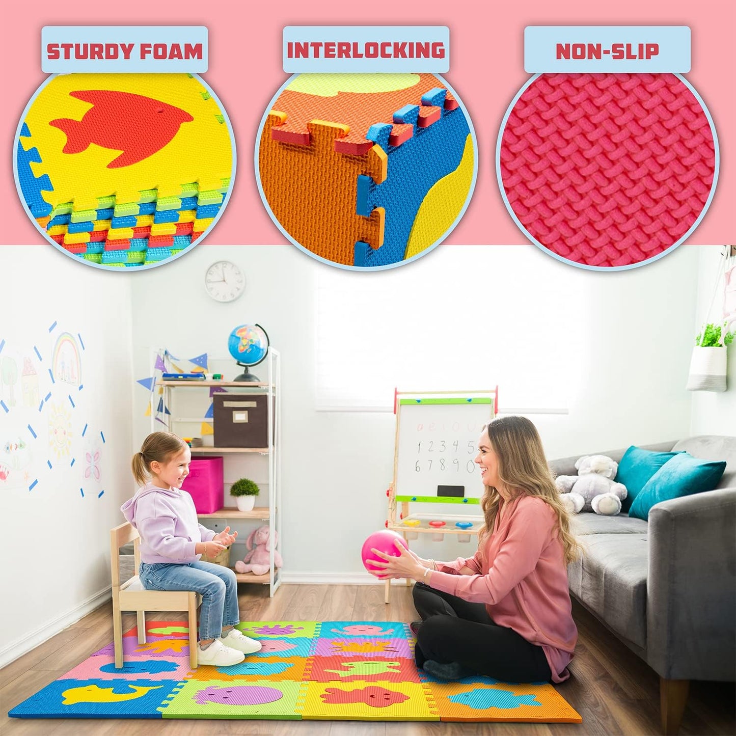 Foam Puzzle Floor Mat for Kids 12x12-16 Interlocking Play Mat Tiles with Colors