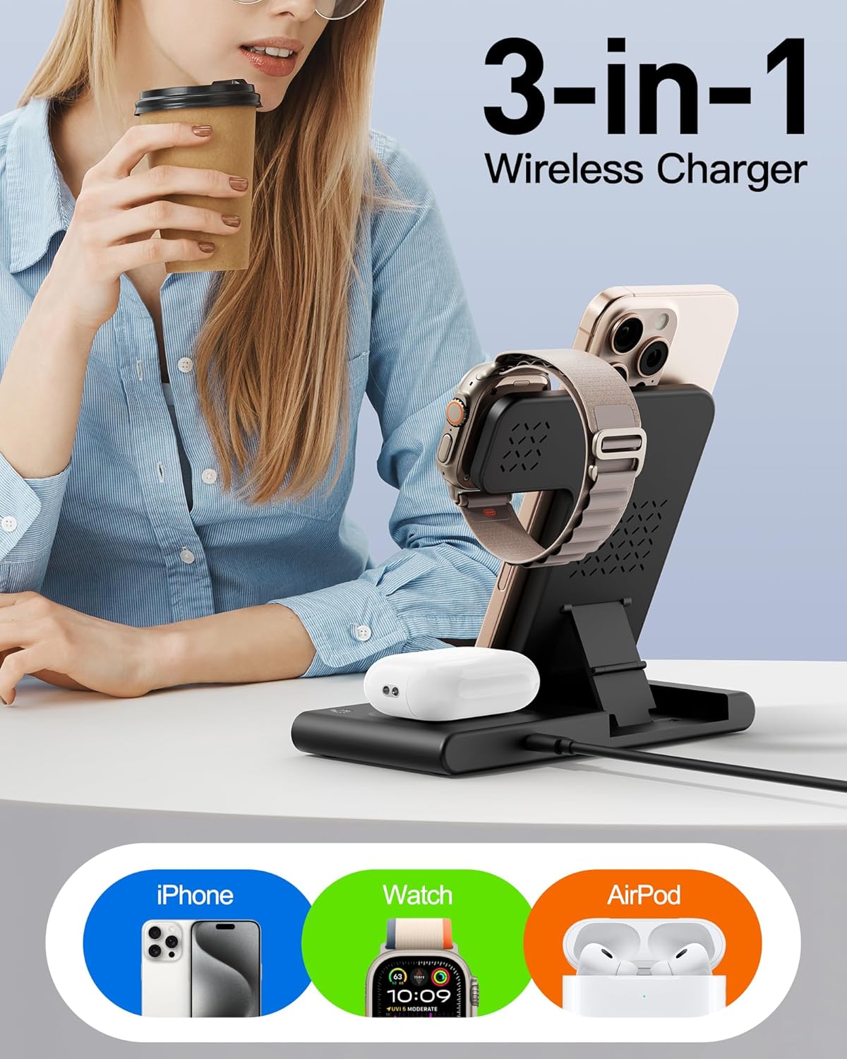 3 in 1 Traveling Portable Wireless Fast Charger for Apple & Android Charging Station - Big Green Bear