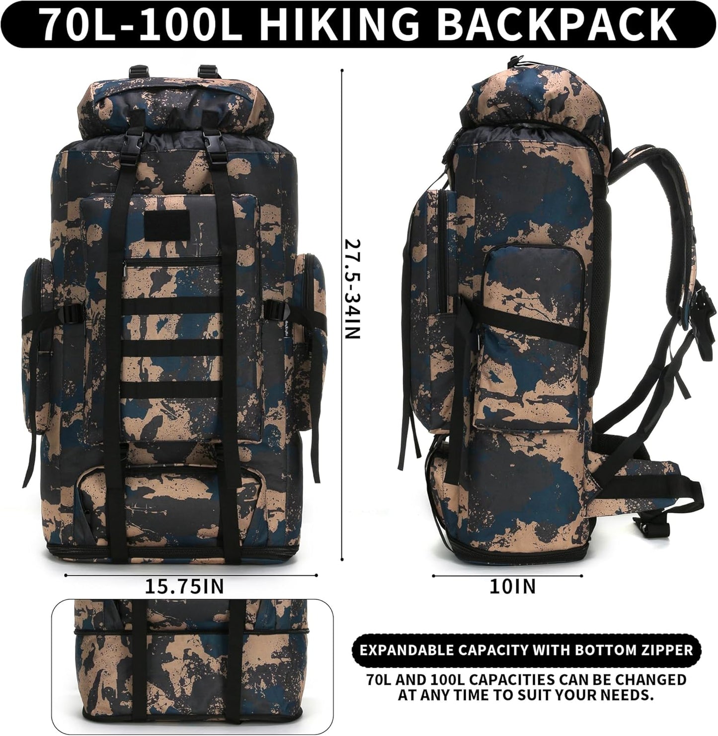 Side view of blue military rucksack showing deep water bottle pockets and compression straps.