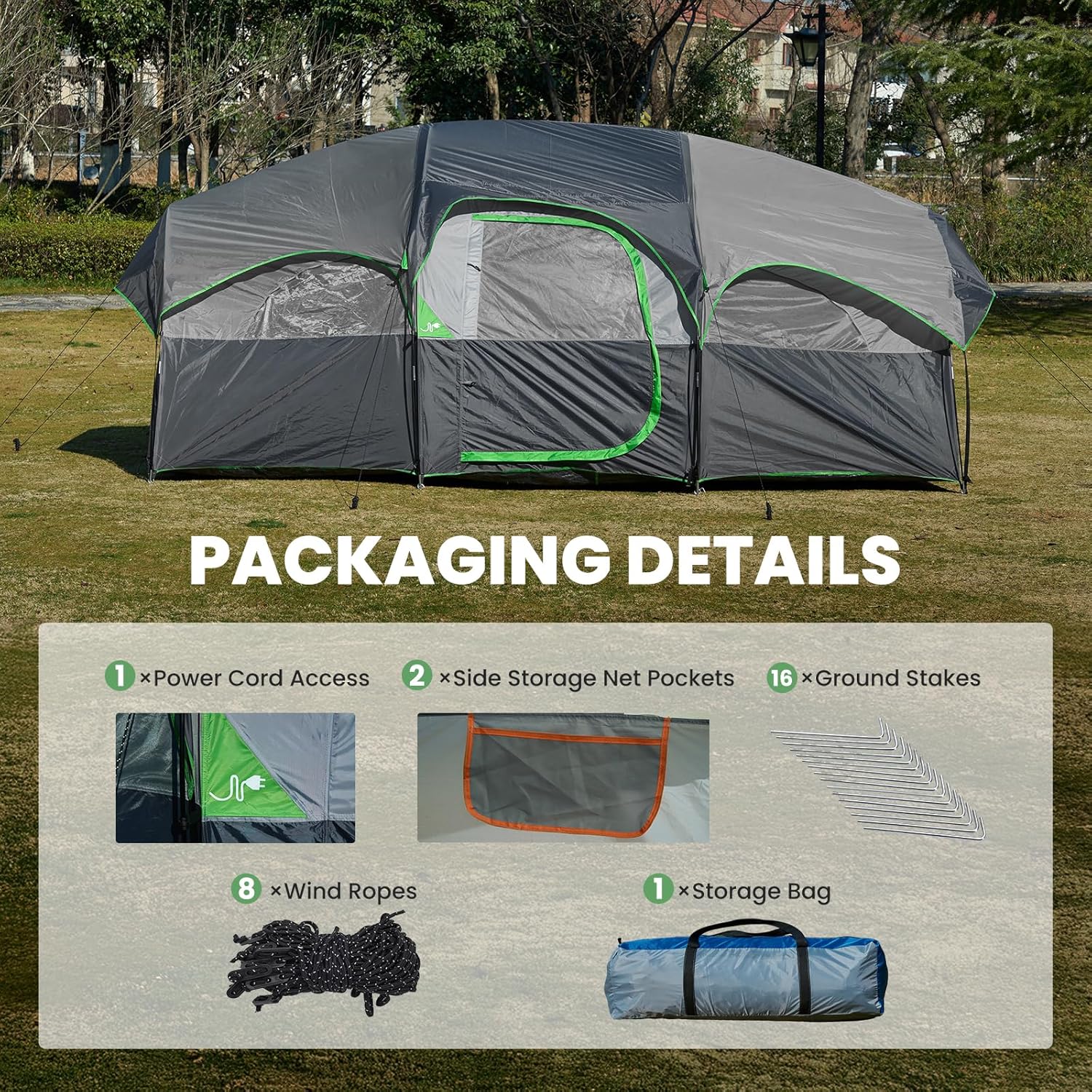Camping tent with packaging details overlay on a grassy background