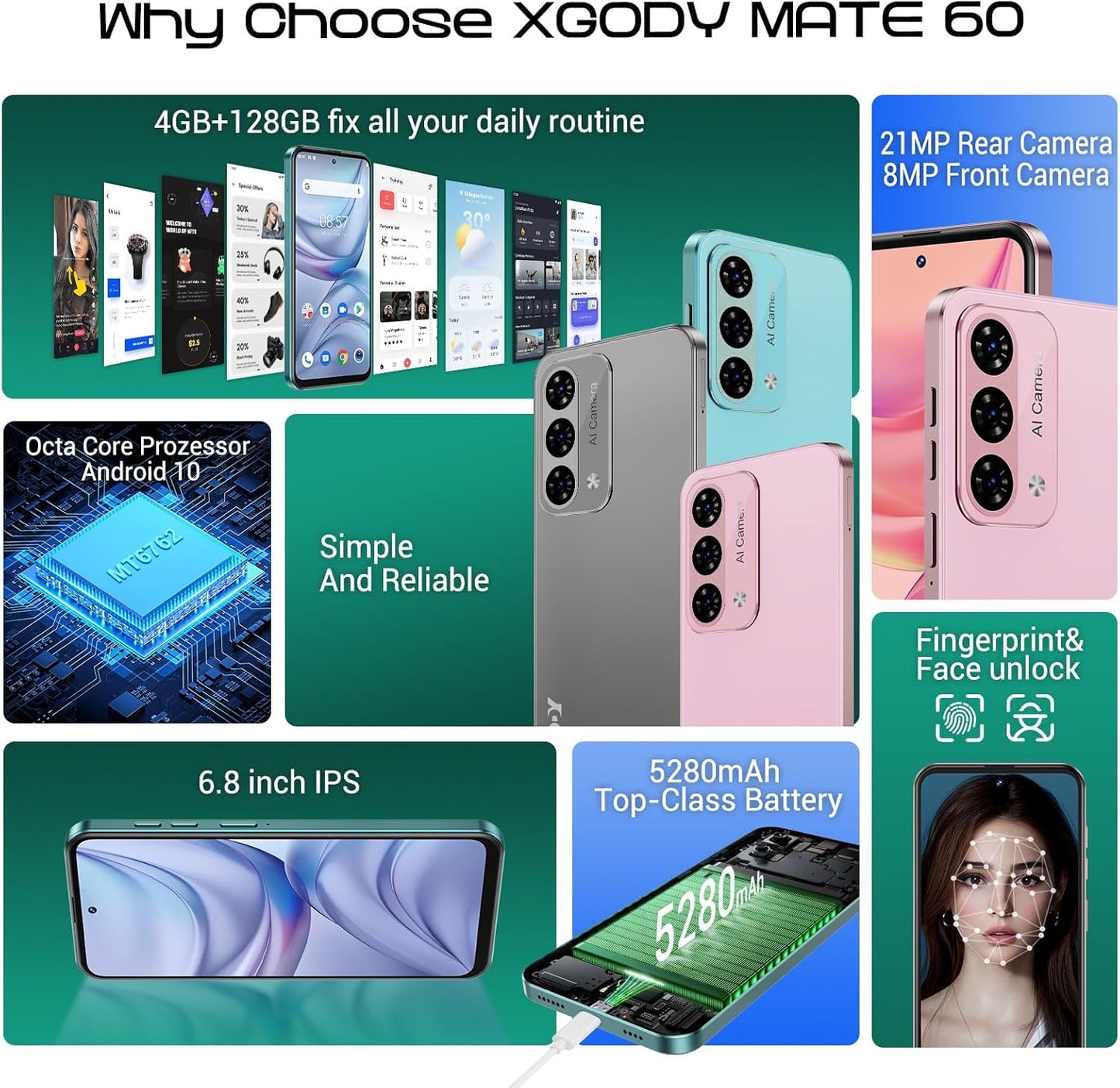 Xgody Unlock Phone Mate 60,6.79 Inch HD+ Screen Smartphone,4G Dual SIM Cheap Mobile Phones 4GB+ 128GB -  BigGreenBear.com cell phone 95.00 USD Big Green Bear