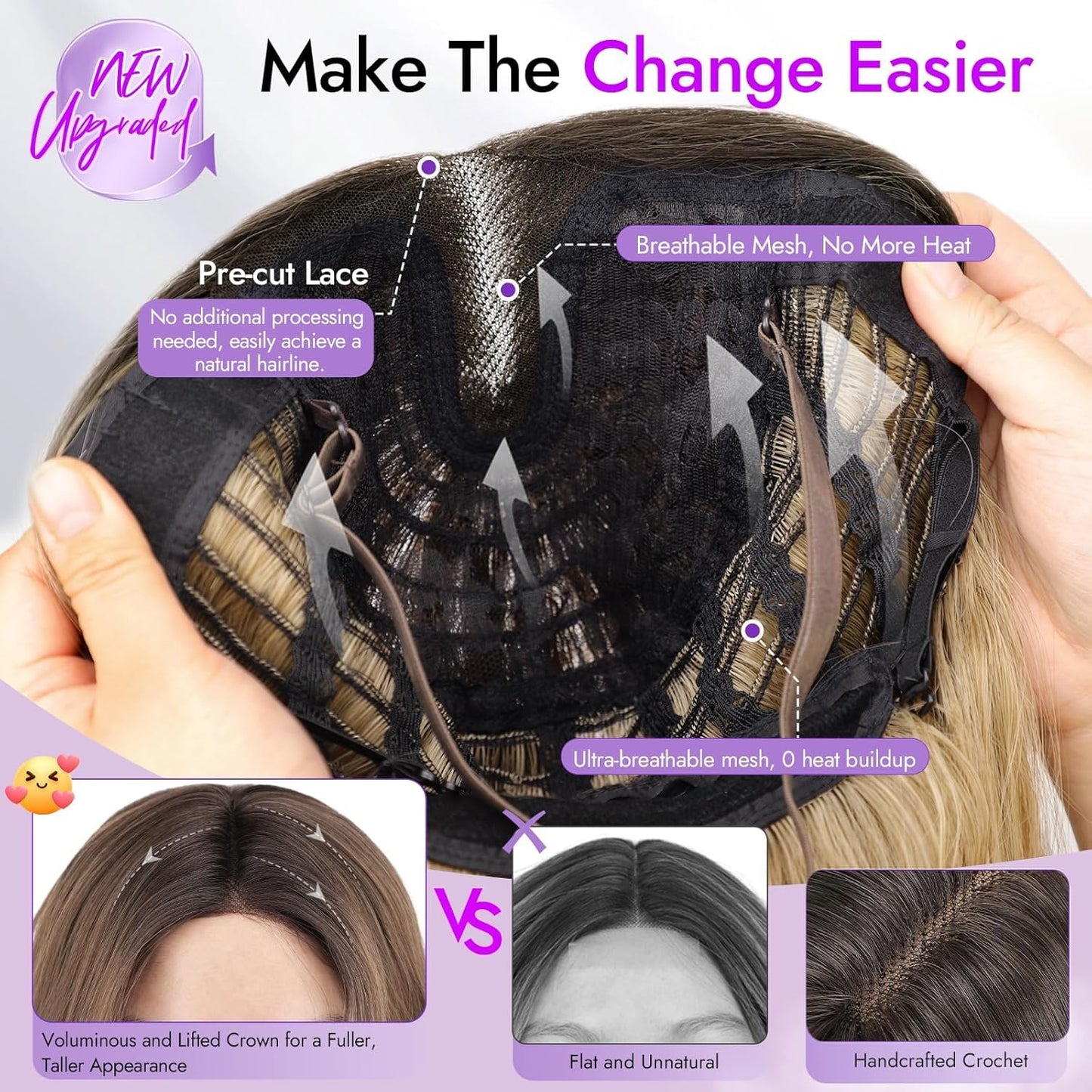 Brown Highlight Long Wavy Wig for Women, Pre-Cut HD Lace Natural Hairline 18" -  BigGreenBear.com Beauty Products 39.99 USD Big Green Bear