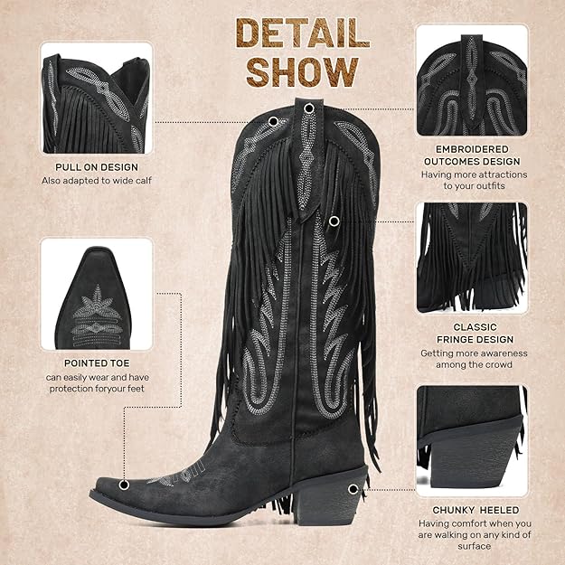 Women Fringe Knee High Cowgirl Western Boots with Classic Embroidery Pointed Toe Chunky Heel -  BigGreenBear.com boots 89.99 USD Big Green Bear