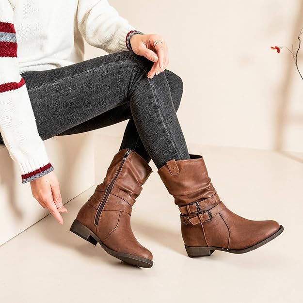 Women's Mid-Calf Cowboy Cowgirl Boots with Low Chunky Heel, Side Zipper -  BigGreenBear.com boots 59.99 USD Big Green Bear