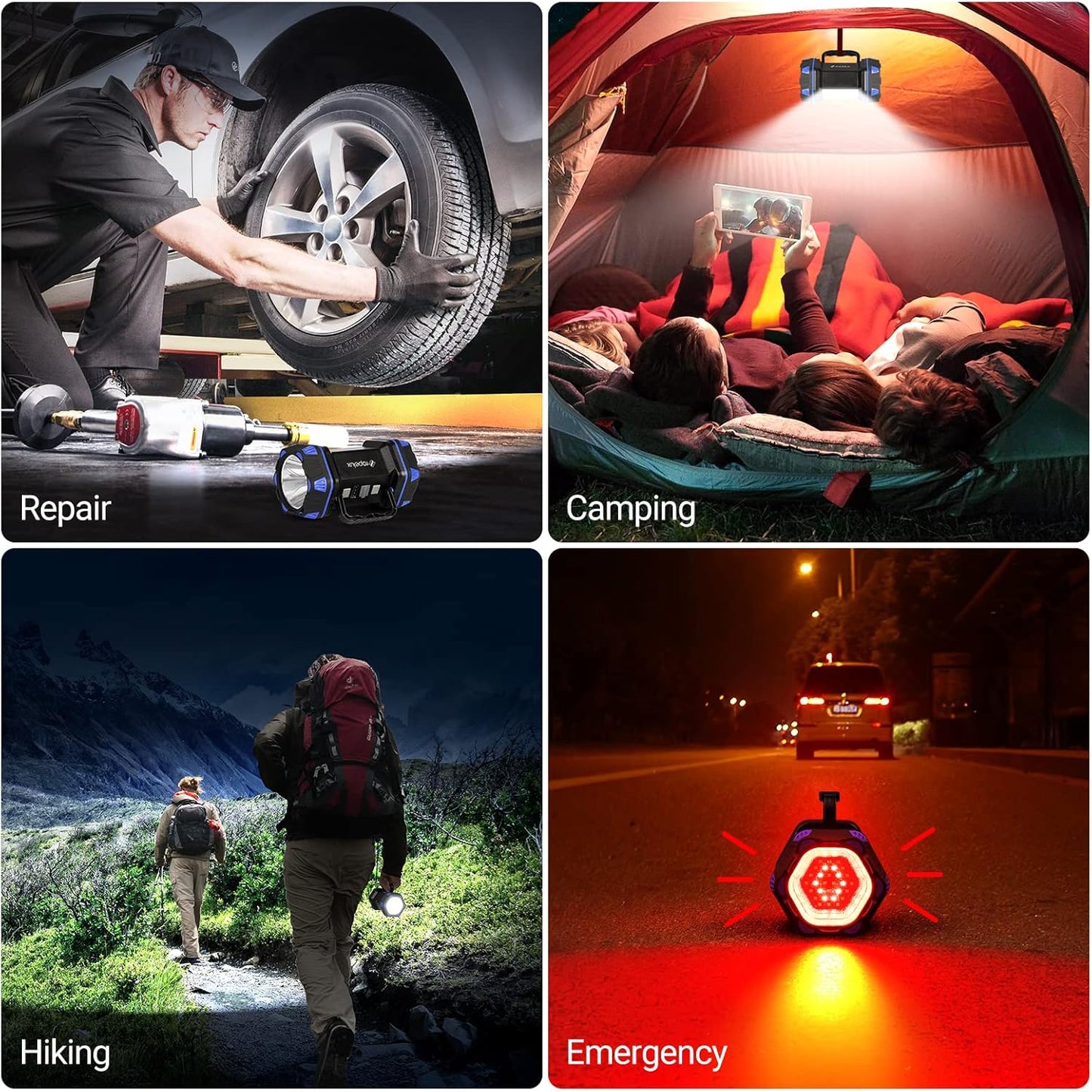 Collage of a flashlight being used for repair, camping, hiking, and emergency situations.