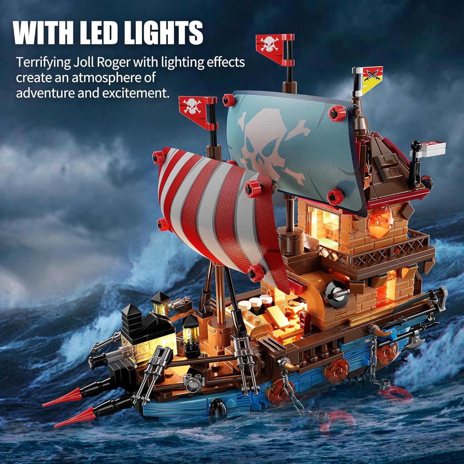 Pirate Ship Building Kit (916 Pcs) with LED Lights - Standard Brick - Compatible Creative Pirate Toy Model -  BigGreenBear.com Toys 39.99 USD Big Green Bear