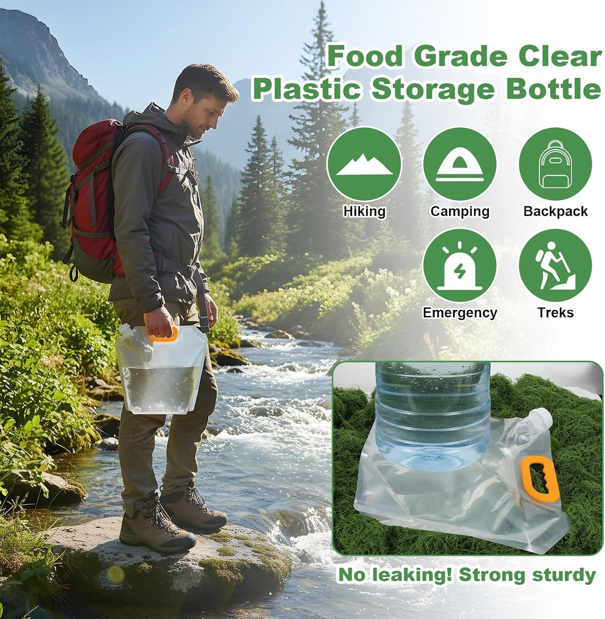 A man hiking in a mountain stream holds a clear plastic storage bottle with an orange cap. The image includes text reading 'Food Grade Clear Plastic Storage Bottle' and feature icons for Hiking, Camping, Backpack, Emergency, and Treks, plus a close-up inset of the bottle on moss with the text 'No leaking! Strong sturdy'.