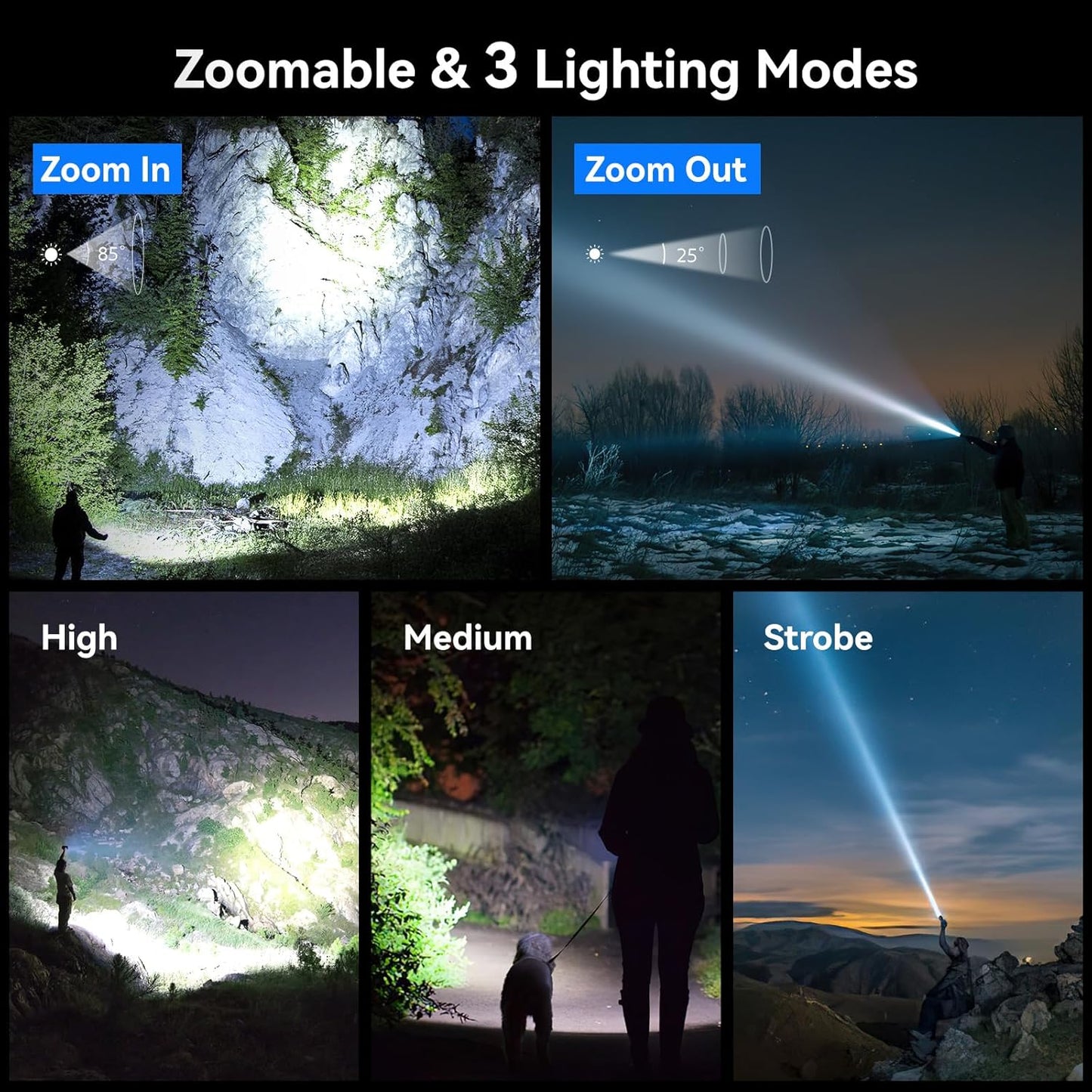 Demonstration of a zoomable flashlight with three lighting modes in various outdoor settings.