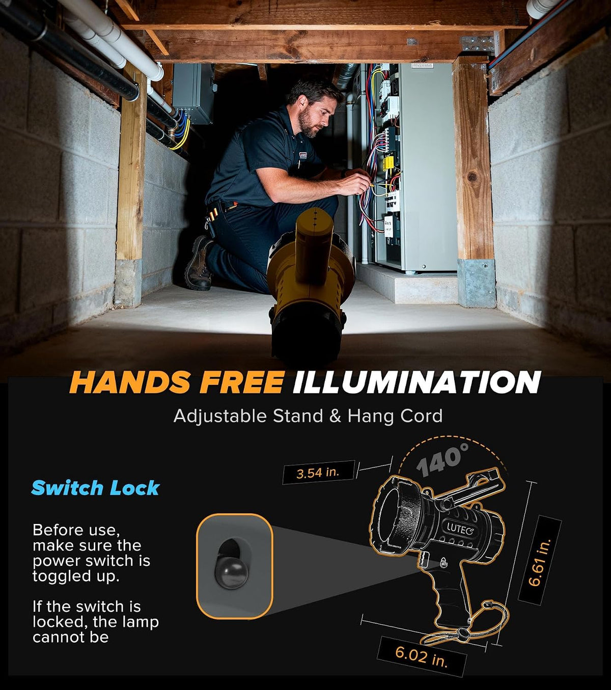 Person working on electrical panel with hands-free illumination tool, showing features and specifications.