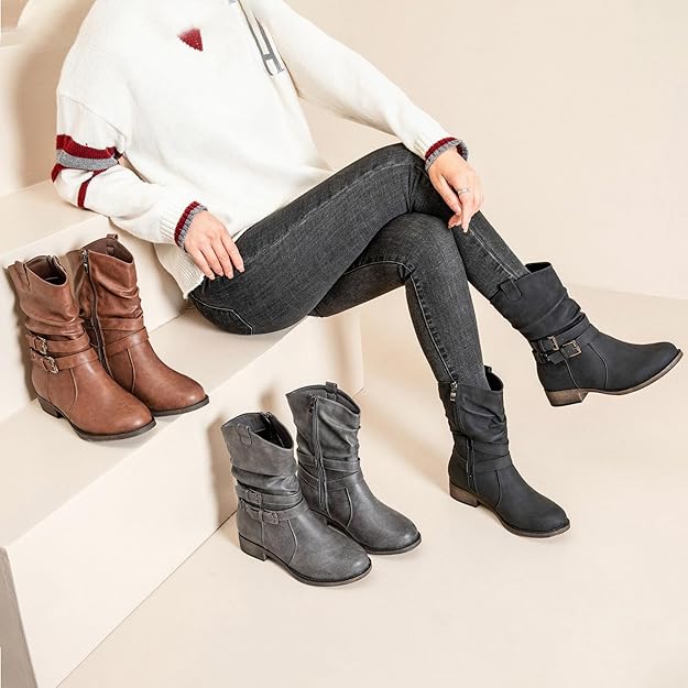 Women's Mid-Calf Cowboy Cowgirl Boots with Low Chunky Heel, Side Zipper -  BigGreenBear.com boots 59.99 USD Big Green Bear