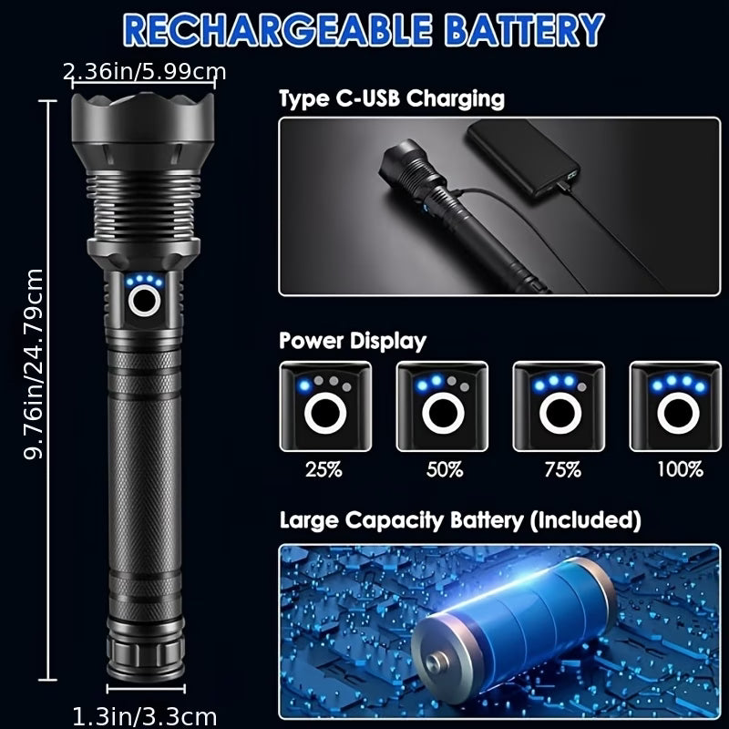 Black flashlight with charging details, power display, and large capacity battery on a black background.