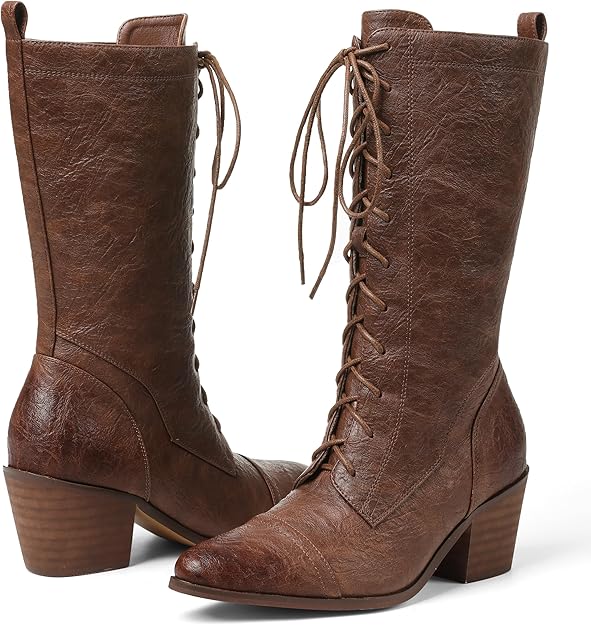 Women's Black Mid Calf Boots Lace Up Chunky Heel Vintage Combat Heeled Brown -  BigGreenBear.com boots 89.00 USD Big Green Bear