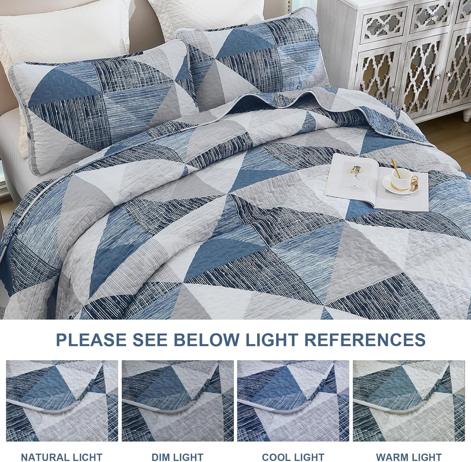 Super Soft Quilt Queen Size Blue, 3 Pieces Patchwork Bedspread Bedding All Season -  BigGreenBear.com bedding 39.99 USD Big Green Bear