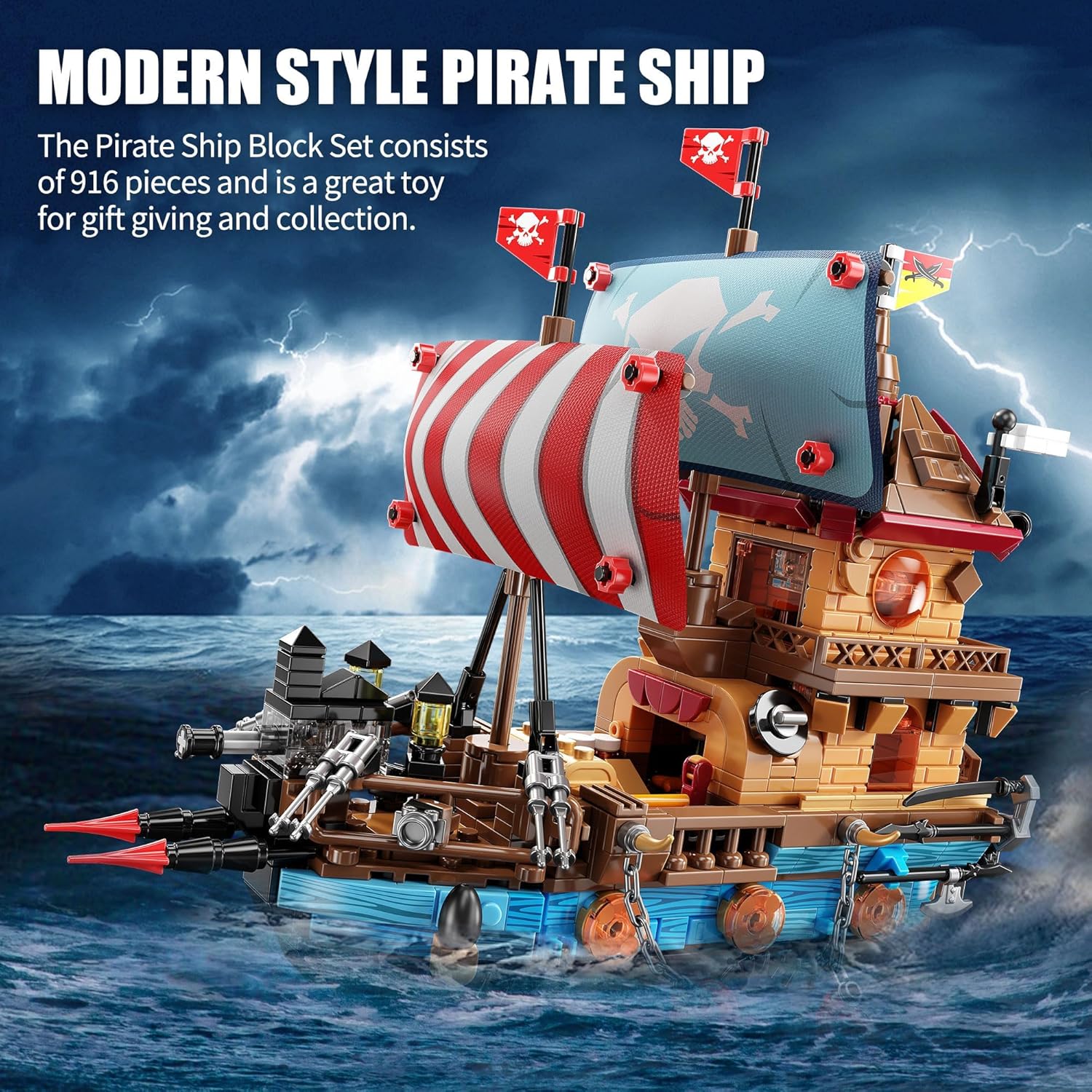Pirate Ship Building Kit (916 Pcs) with LED Lights - Standard Brick - Compatible Creative Pirate Toy Model -  BigGreenBear.com Toys 39.99 USD Big Green Bear