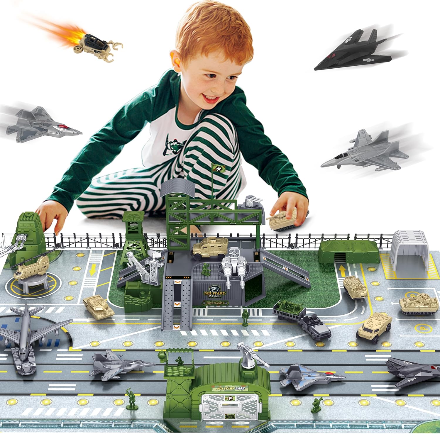 Army Toys Set 13 Vehicles Airplane Tank Trucks Helicopter Fighter Jet, Play Mat Army Men -  BigGreenBear.com Toys 32.00 USD Big Green Bear